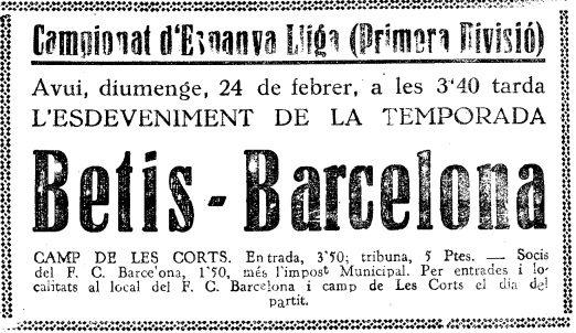 Precios Barcelona Betis. febrero 1935